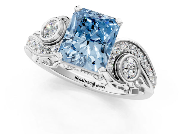 Platinum Fancy Blue Radiant Cut Diamond Solitaire Ring with Milgrain Pavé Band and Four-Prong Setting