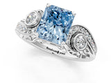 White gold Fancy Blue Radiant Cut Diamond Solitaire Ring with Milgrain Pavé Band and Four-Prong Setting_231