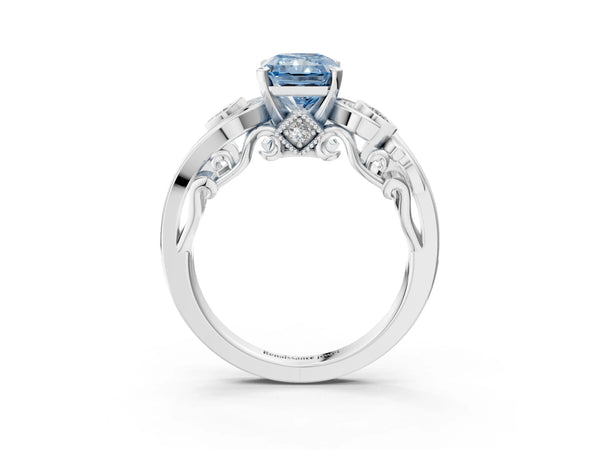 Platinum Fancy Blue Radiant Cut Diamond Solitaire Ring with Milgrain Pavé Band and Four-Prong Setting
