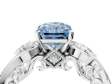 White gold Fancy Blue Radiant Cut Diamond Solitaire Ring with Milgrain Pavé Band and Four-Prong Setting_234