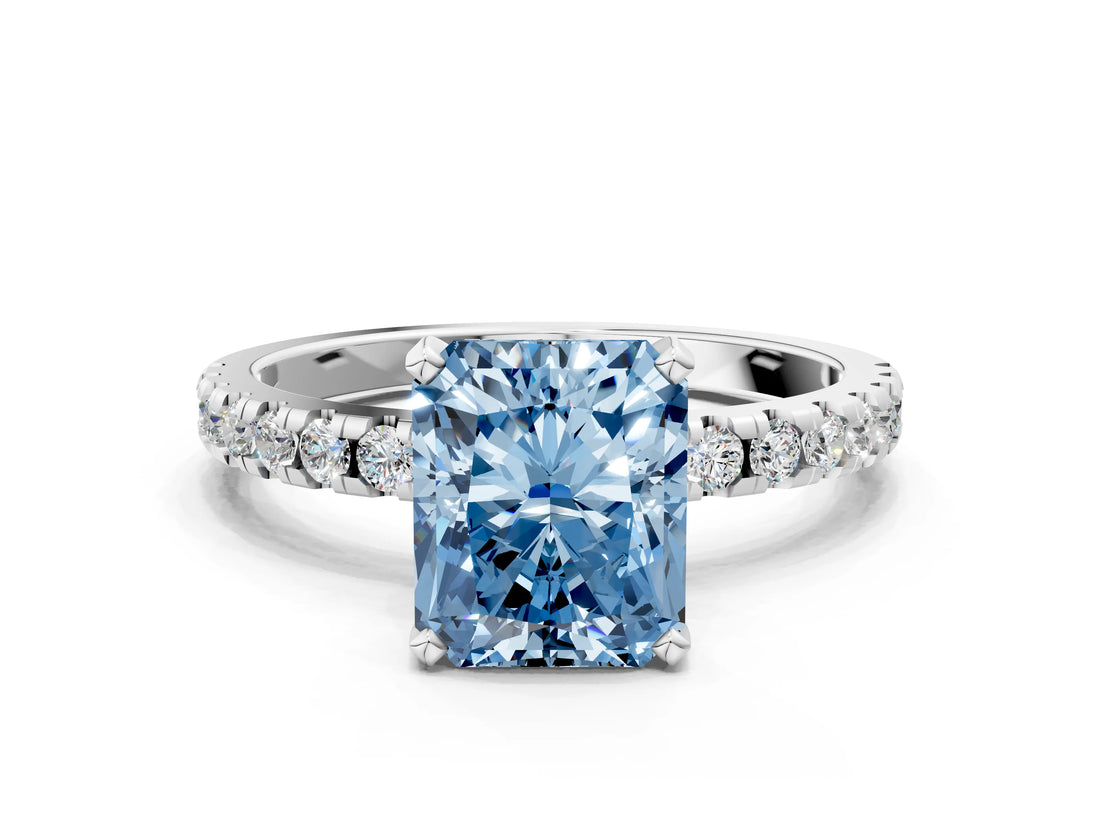 White gold Fancy Blue Radiant Cut Diamond Solitaire Ring with Pavé Band and Four-Prong Setting_64