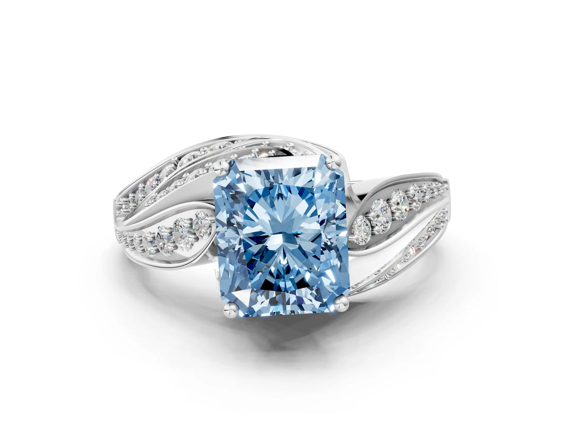 White gold Fancy Blue Radiant Cut Diamond Solitaire Ring with Prong Setting and Twisted Pavé Band_24