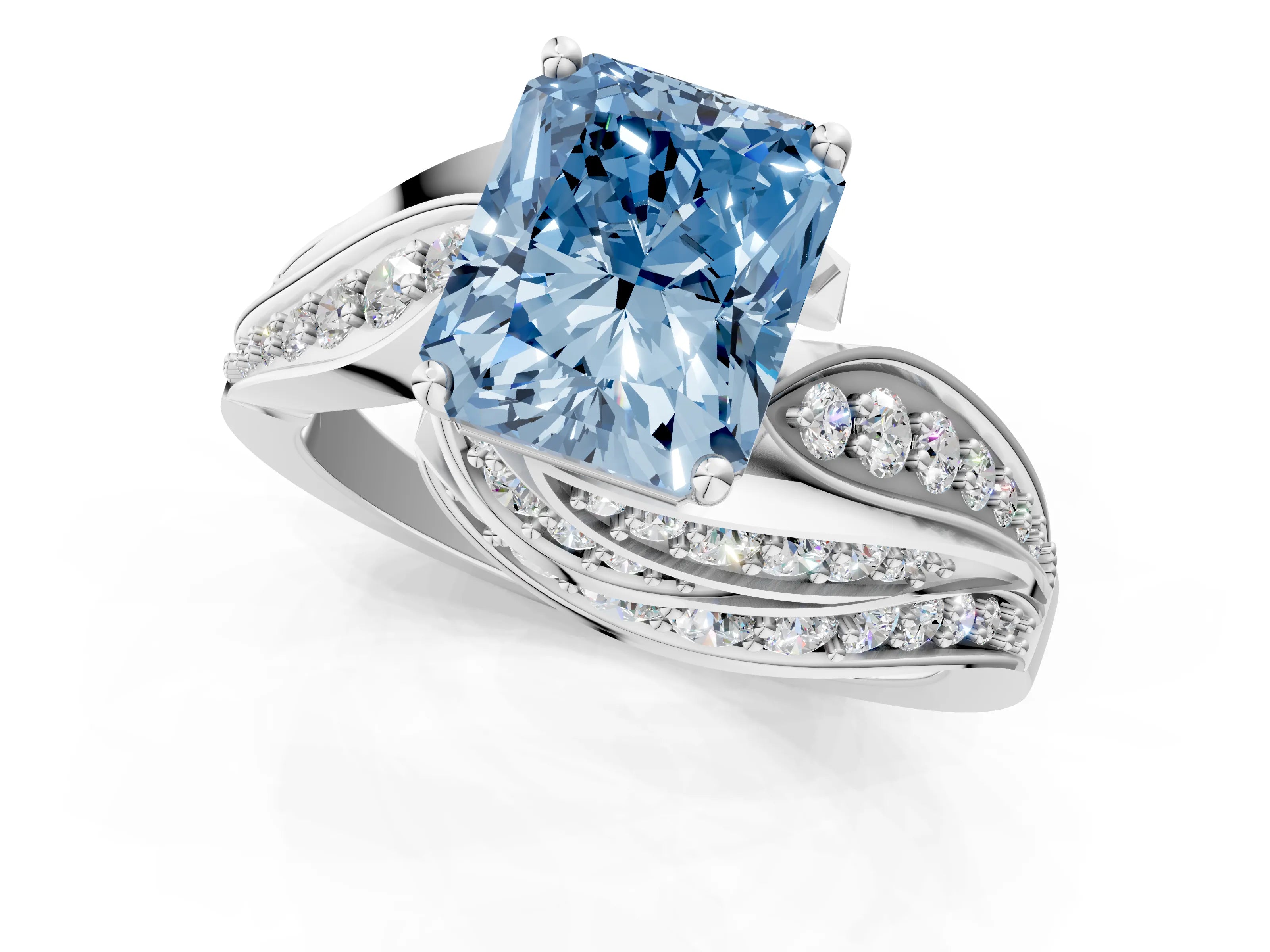White gold Fancy Blue Radiant Cut Diamond Solitaire Ring with Prong Setting and Twisted Pavé Band_25