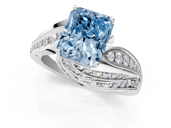 White gold Fancy Blue Radiant Cut Diamond Solitaire Ring with Prong Setting and Twisted Pavé Band
