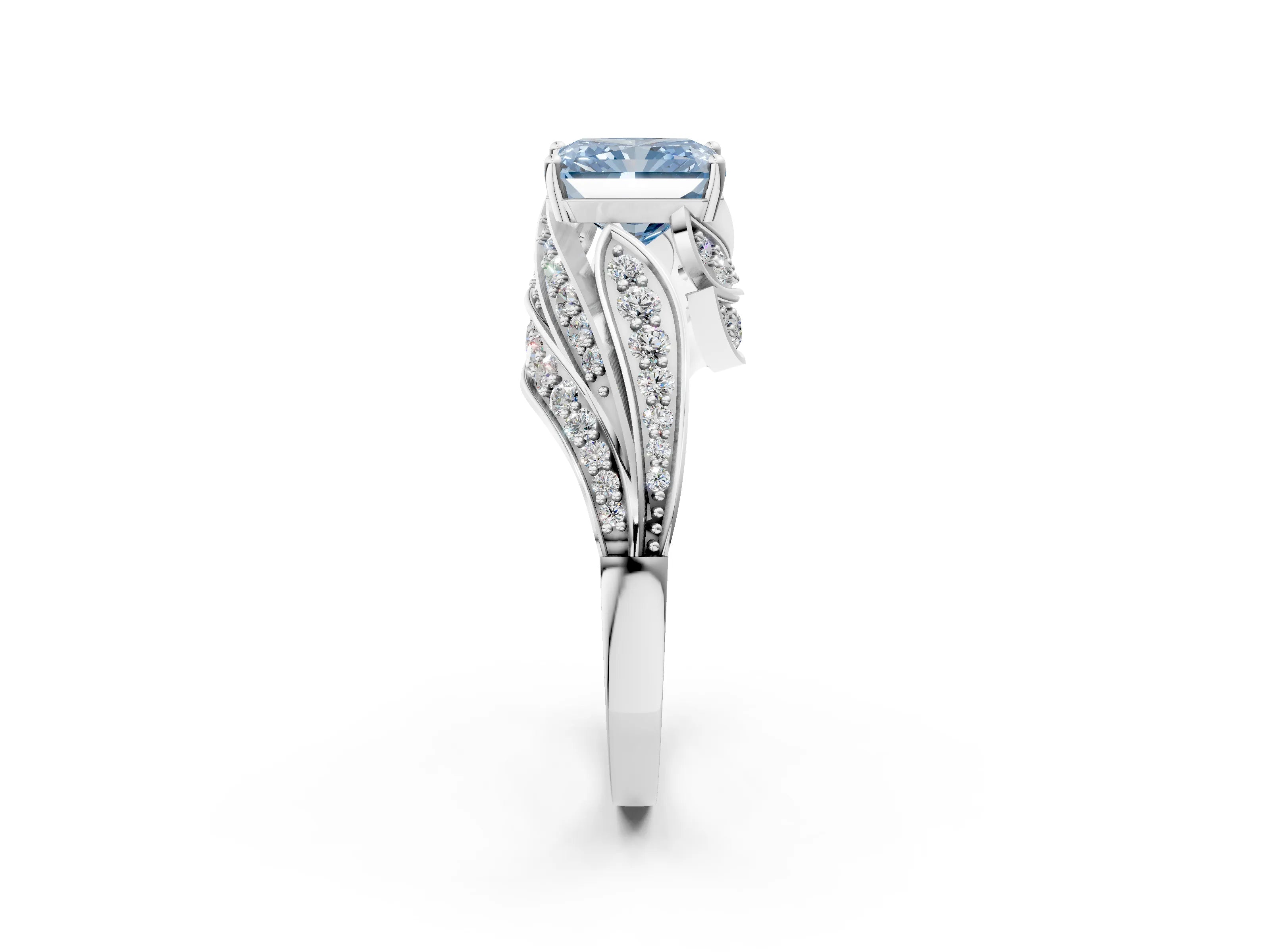 White gold Fancy Blue Radiant Cut Diamond Solitaire Ring with Prong Setting and Twisted Pavé Band_26