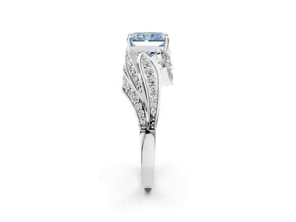 White gold Fancy Blue Radiant Cut Diamond Solitaire Ring with Prong Setting and Twisted Pavé Band