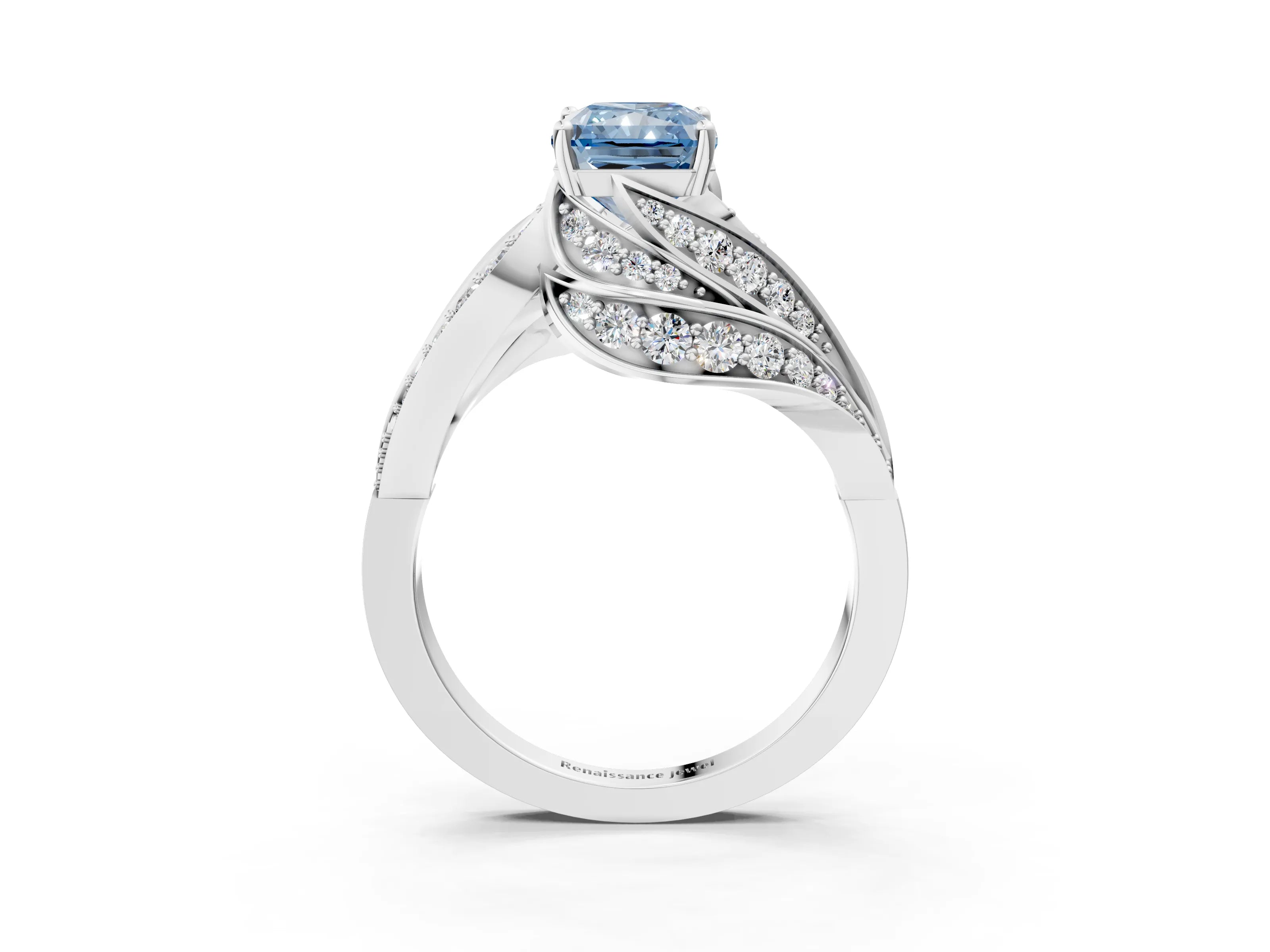 White gold Fancy Blue Radiant Cut Diamond Solitaire Ring with Prong Setting and Twisted Pavé Band_27
