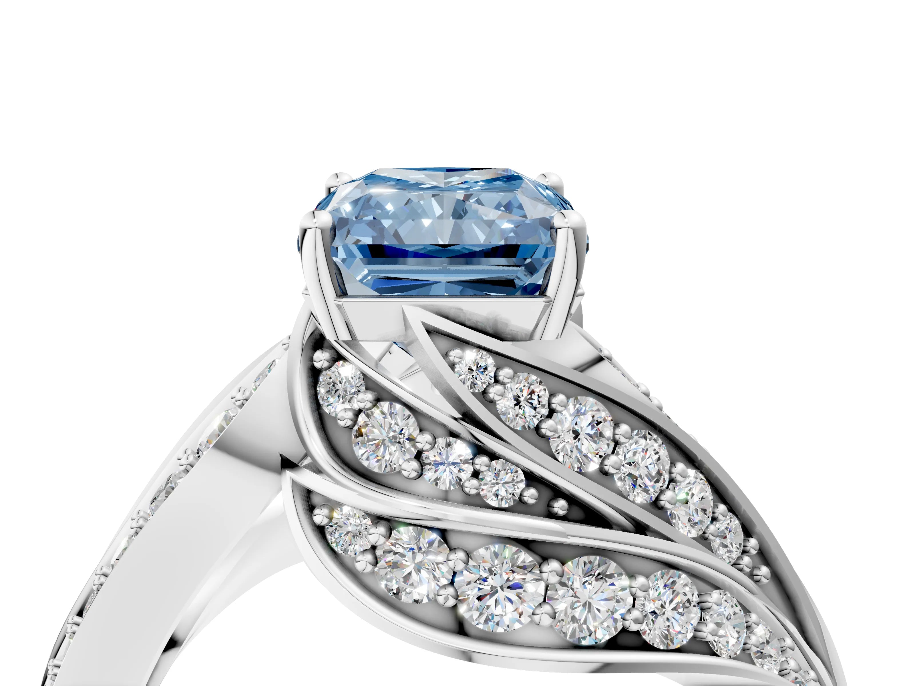White gold Fancy Blue Radiant Cut Diamond Solitaire Ring with Prong Setting and Twisted Pavé Band_28