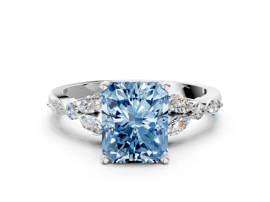 White gold Fancy Blue Radiant Cut Diamond Solitaire Ring with Side Stones and Four-Prong Setting_122