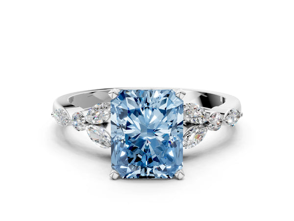 Platinum Fancy Blue Radiant Cut Diamond Solitaire Ring with Side Stones and Four-Prong Setting