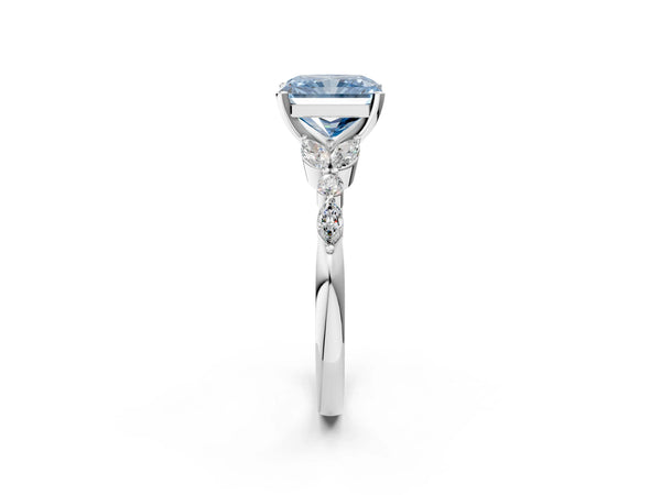 Platinum Fancy Blue Radiant Cut Diamond Solitaire Ring with Side Stones and Four-Prong Setting