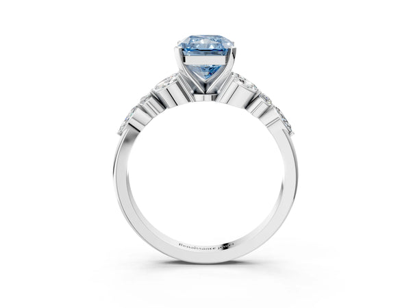 Platinum Fancy Blue Radiant Cut Diamond Solitaire Ring with Side Stones and Four-Prong Setting