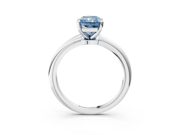 Platinum Fancy Blue Radiant Cut Diamond Solitaire Ring with Six-Prong Setting and Classic Band