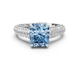 White gold Fancy Blue Radiant Cut Diamond Solitaire Ring with Three-Row Pavé Band and Four-Prong Setting_48