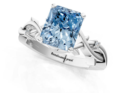 White gold Fancy Blue Radiant Cut Diamond Solitaire Ring with Twisted Band and Prong Setting_318