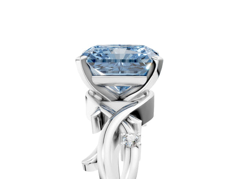 White gold Fancy Blue Radiant Cut Diamond Solitaire Ring with Twisted Band and Prong Setting_324
