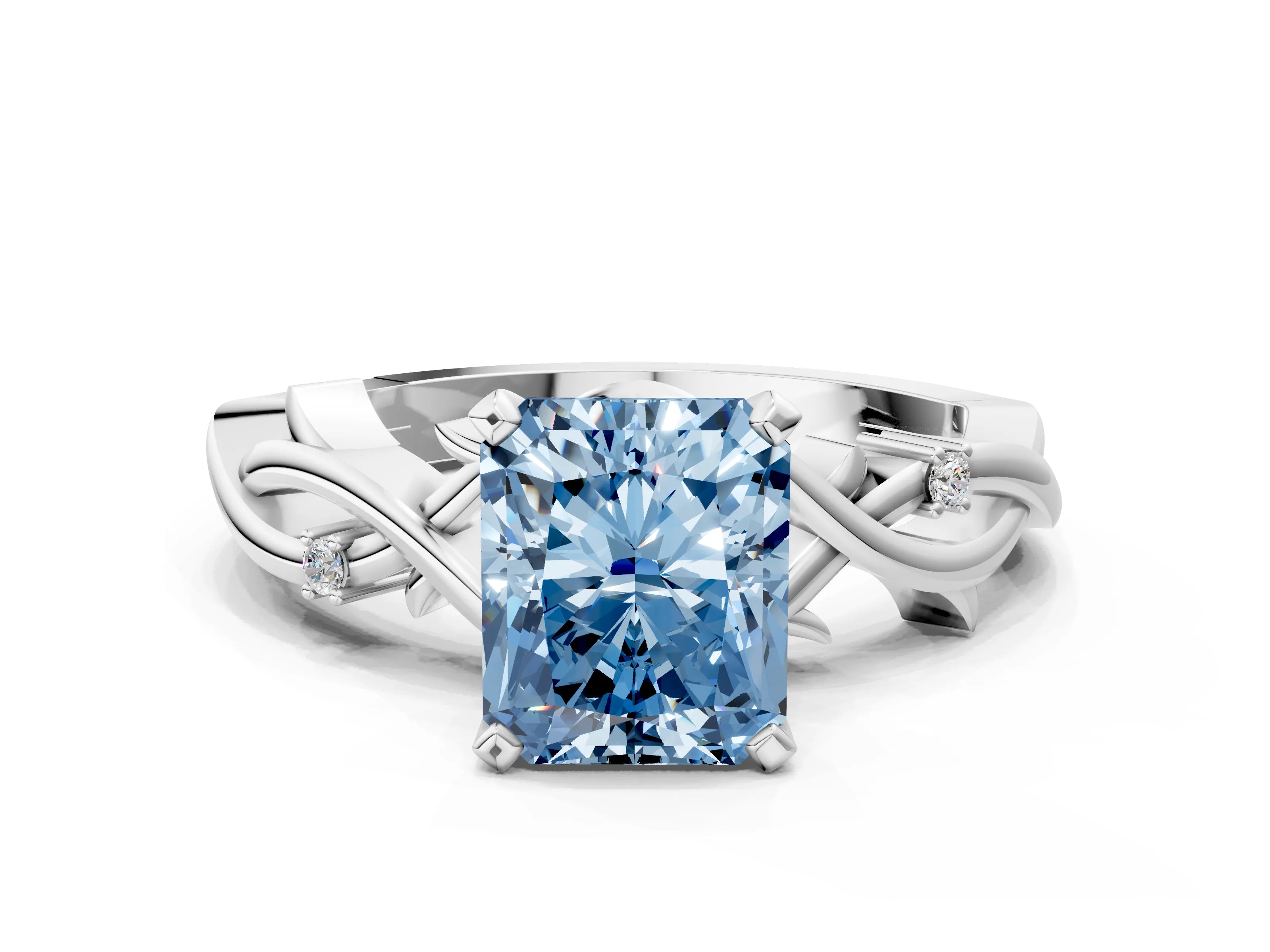 White gold Fancy Blue Radiant Cut Diamond Solitaire Ring with Twisted Band and Prong Setting_327