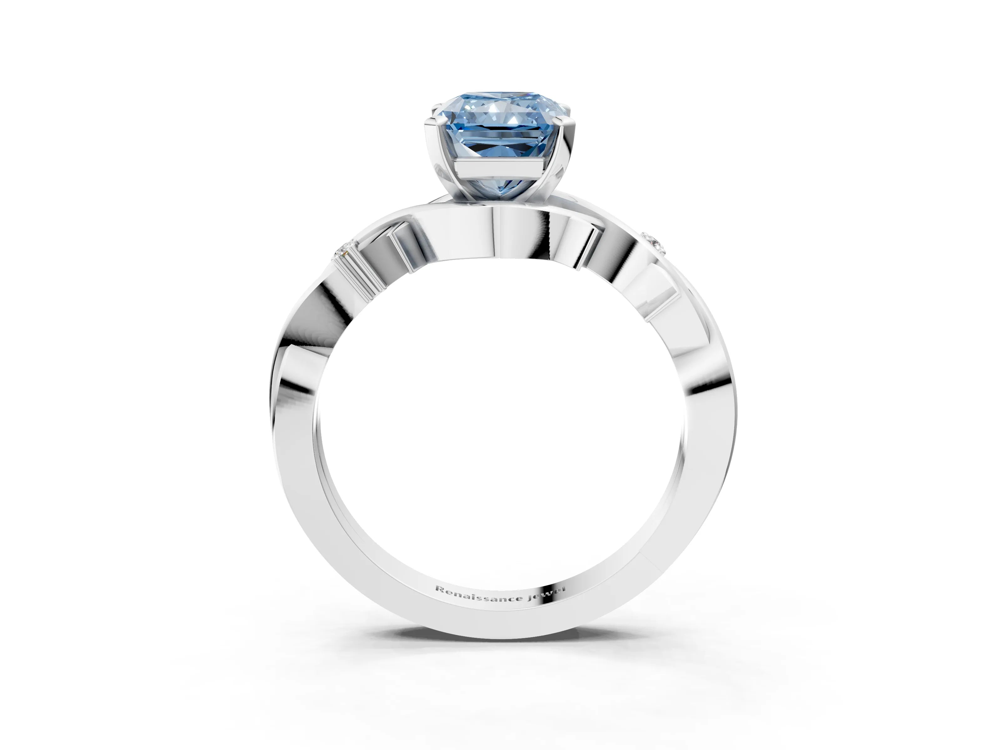 White gold Fancy Blue Radiant Cut Diamond Solitaire Ring with Twisted Band and Prong Setting_330