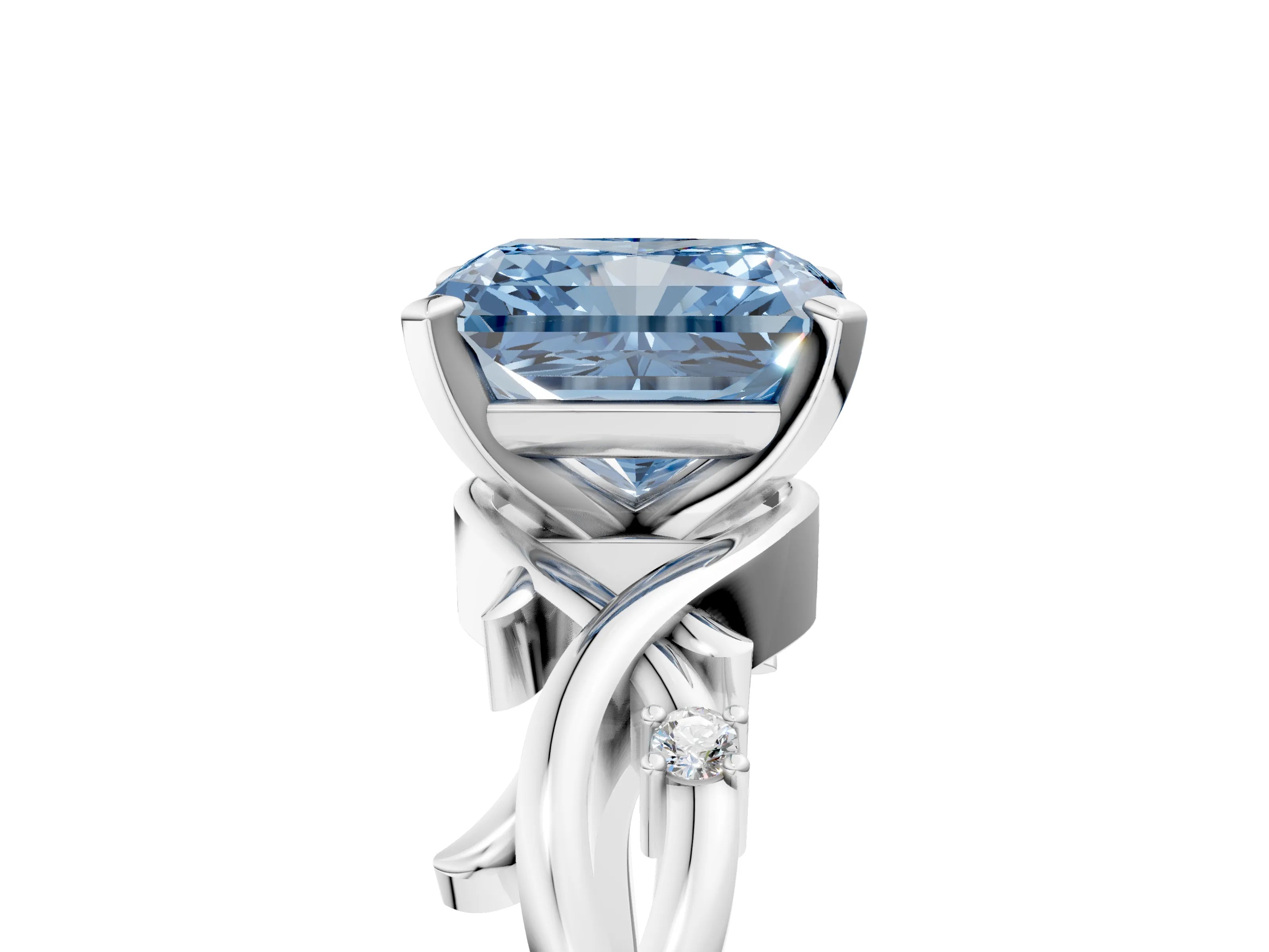 White gold Fancy Blue Radiant Cut Diamond Solitaire Ring with Twisted Band and Prong Setting_332