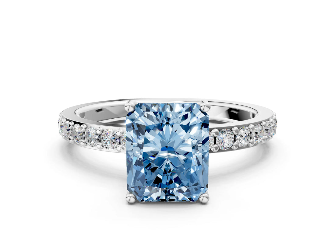 White gold Fancy Blue Radiant  Cut Diamond Solitaire with Pave Band and Four-Prong Setting