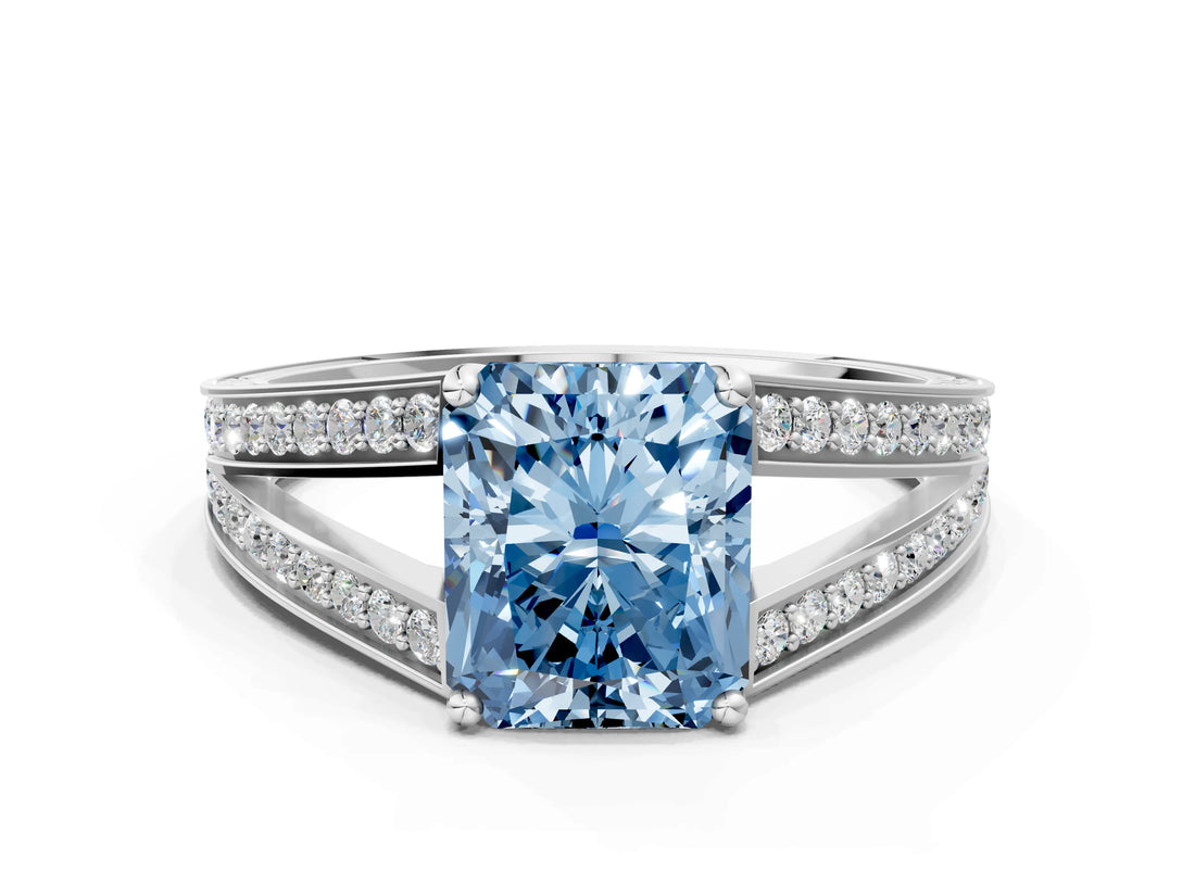 White gold Fancy Blue Radiant Cut Diamond Split Shank Ring with Pavé Band and Four-Prong Setting_61
