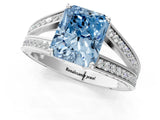 White gold Fancy Blue Radiant Cut Diamond Split Shank Ring with Pavé Band and Four-Prong Setting_62
