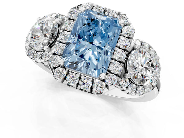 White gold Fancy Blue Radiant Cut Diamond Three-Stone Halo Ring with Prong Setting and Pavé Accents
