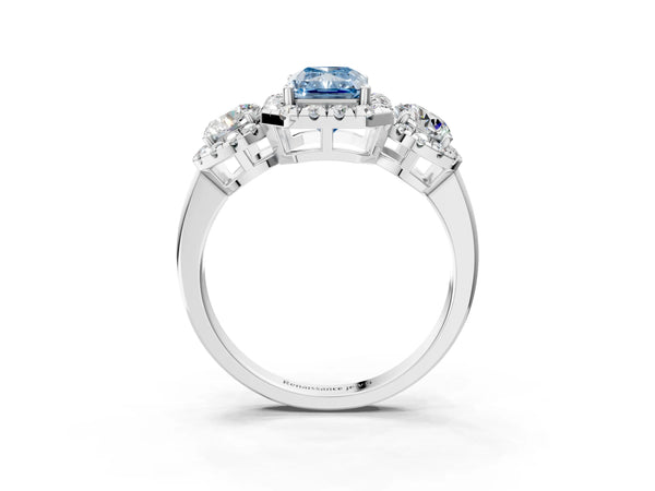 White gold Fancy Blue Radiant Cut Diamond Three-Stone Halo Ring with Prong Setting and Pavé Accents