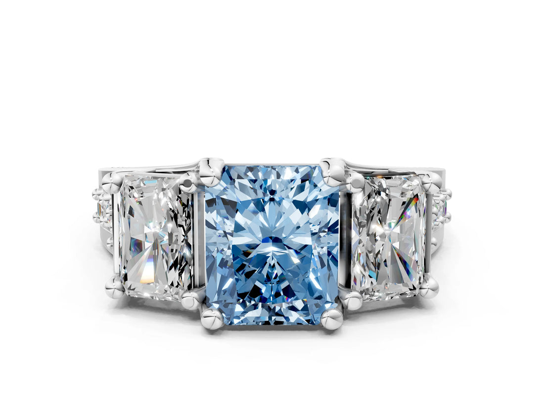 White gold Fancy Blue Radiant Cut Diamond Three-Stone Ring with Channel Set Band and Four-Prong Setting_131