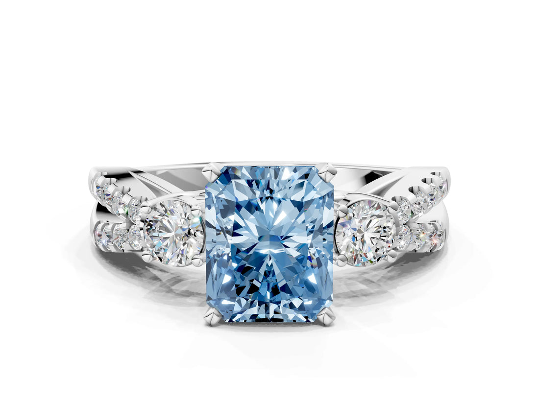White gold Fancy Blue Radiant Cut Diamond Three-Stone Ring with Pavé Split Shank and Four-Prong Setting_76