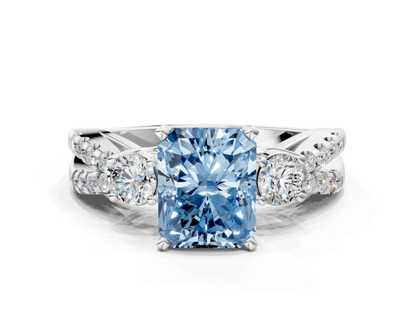 Platinum Fancy Blue Radiant Cut Diamond Three-Stone Ring with Pavé Split Shank and Four-Prong Setting