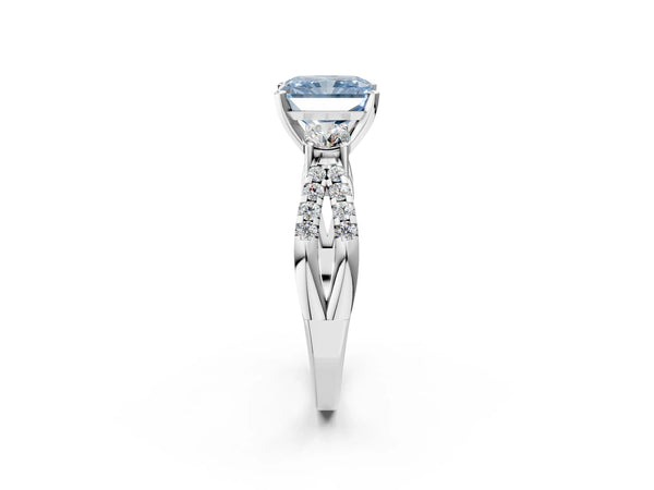 Platinum Fancy Blue Radiant Cut Diamond Three-Stone Ring with Pavé Split Shank and Four-Prong Setting