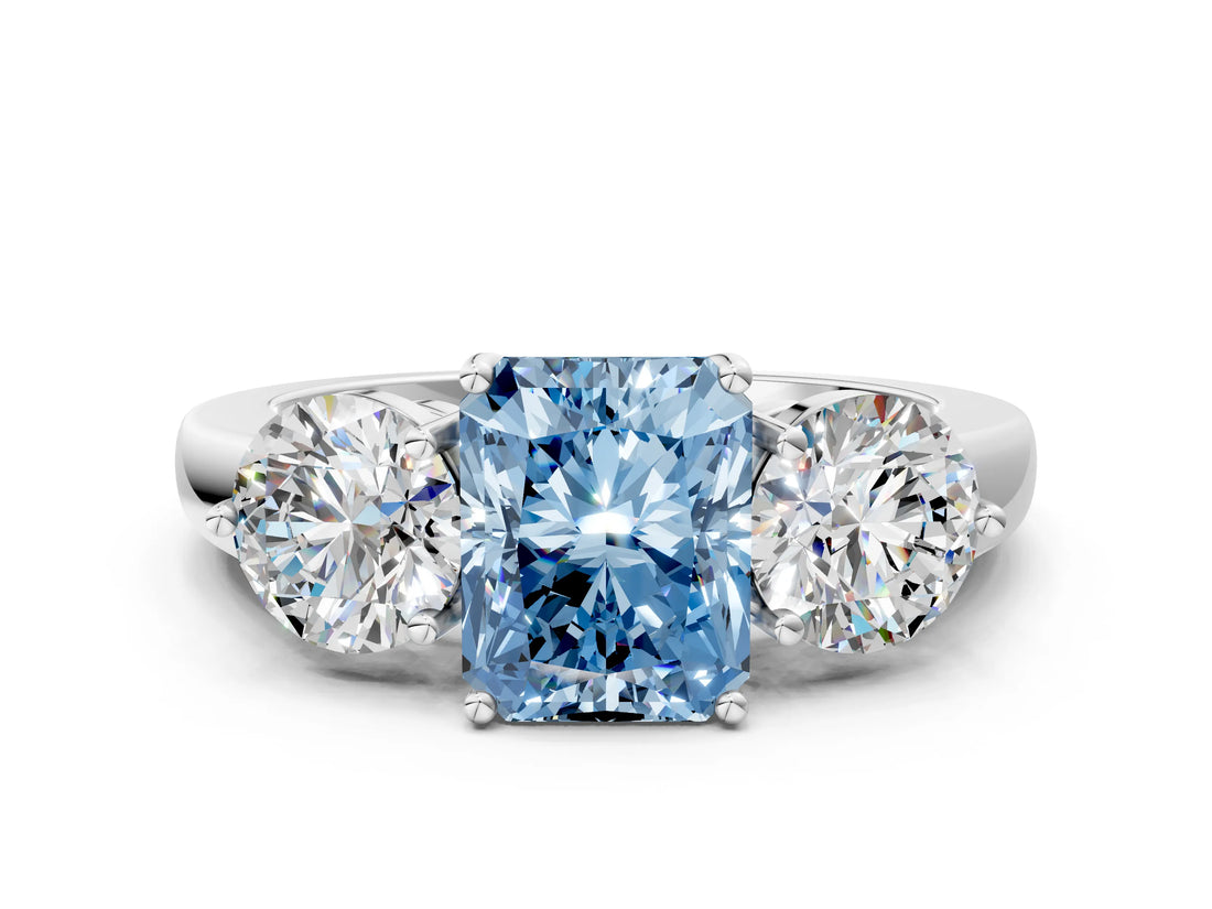 White gold Fancy Blue Radiant Cut Diamond Three-Stone Ring with Prong Setting and Classic Band_155