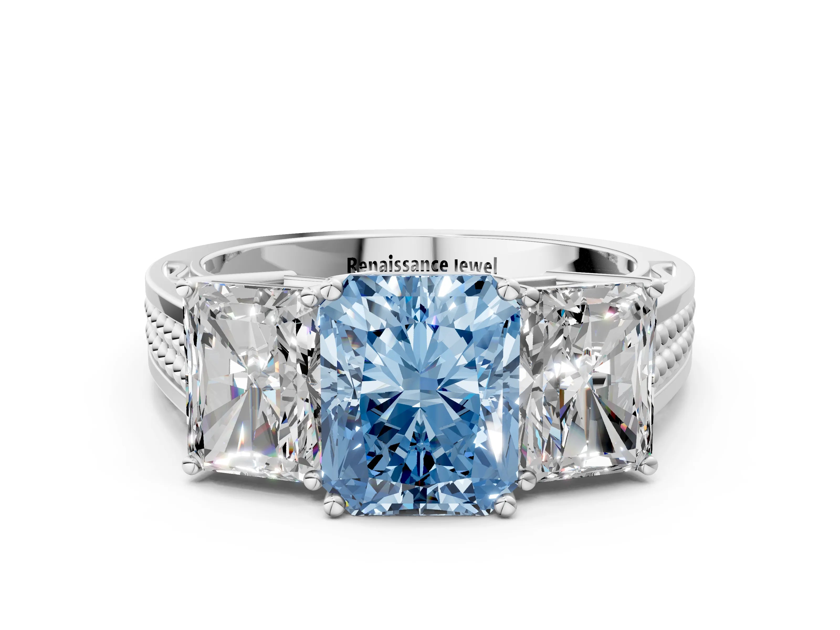 White gold Fancy Blue Radiant Cut Diamond Three-Stone Ring with Prong Setting and Textured Band_12
