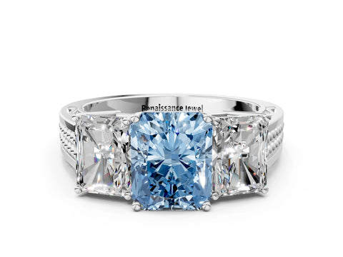 White gold Fancy Blue Radiant Cut Diamond Three-Stone Ring with Prong Setting and Textured Band_12