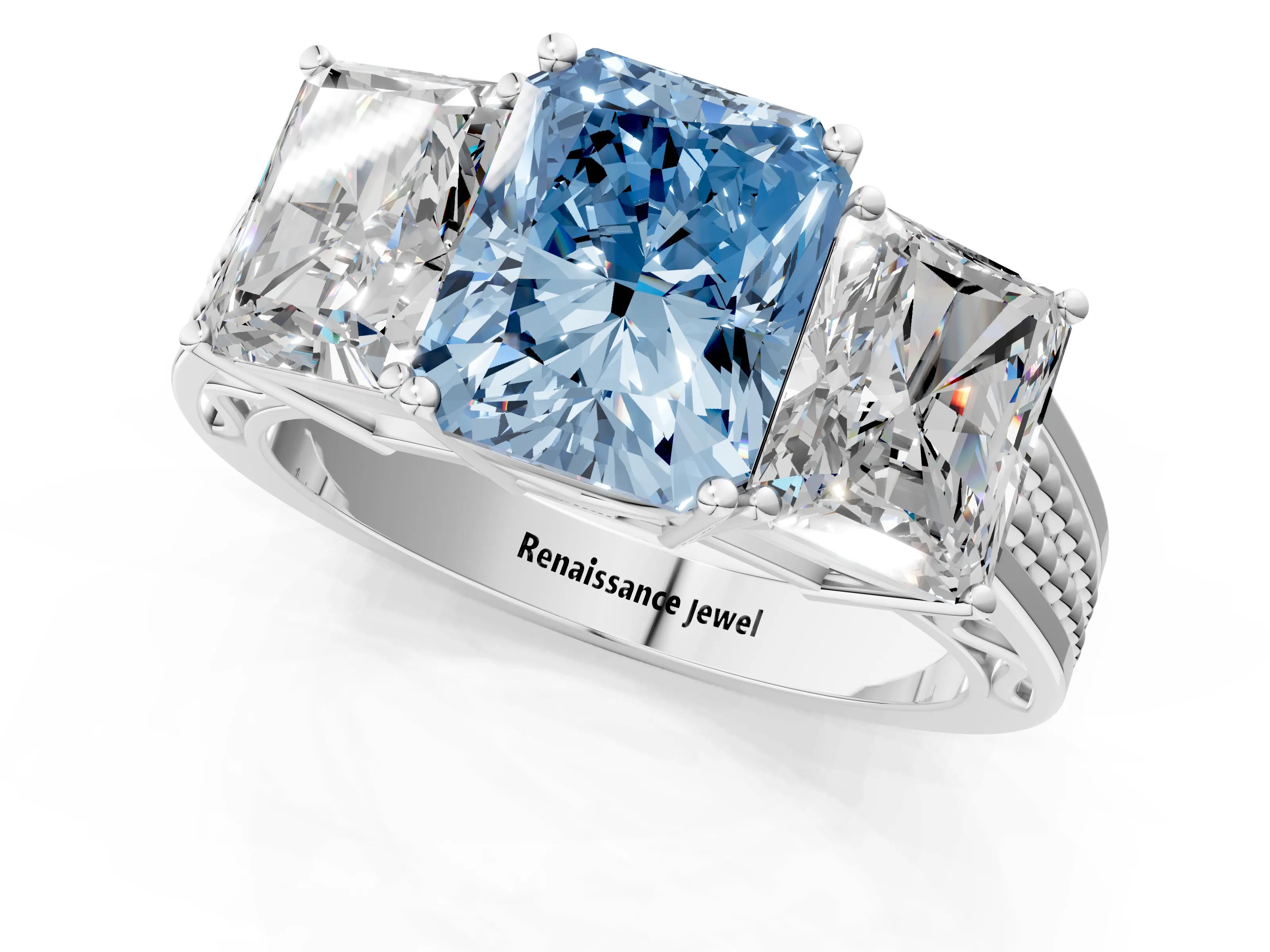 White gold Fancy Blue Radiant Cut Diamond Three-Stone Ring with Prong Setting and Textured Band_13
