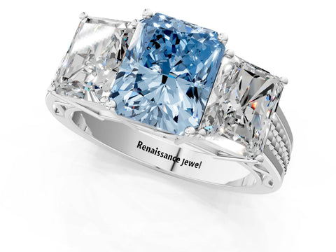 White gold Fancy Blue Radiant Cut Diamond Three-Stone Ring with Prong Setting and Textured Band_13