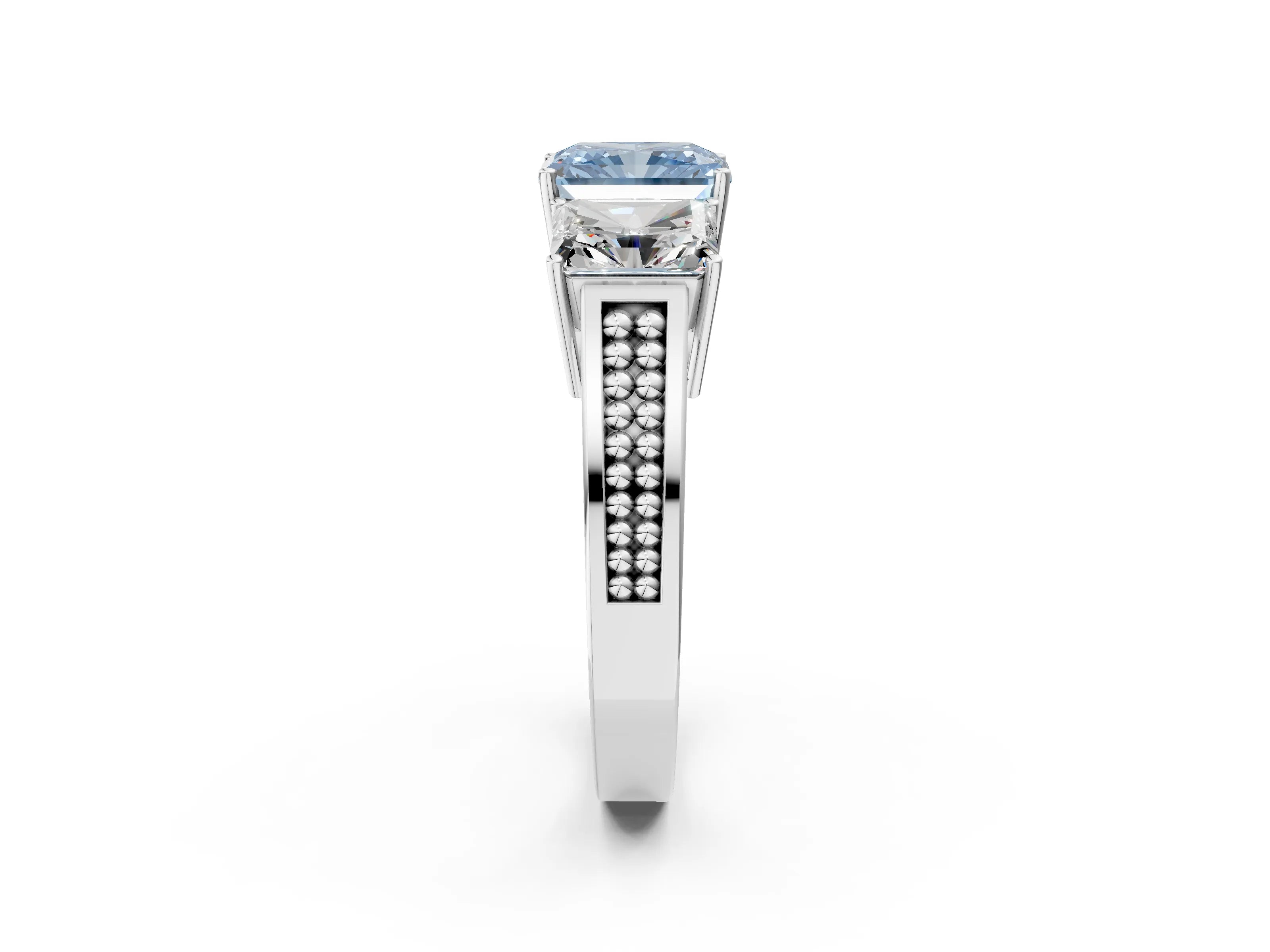 White gold Fancy Blue Radiant Cut Diamond Three-Stone Ring with Prong Setting and Textured Band_14