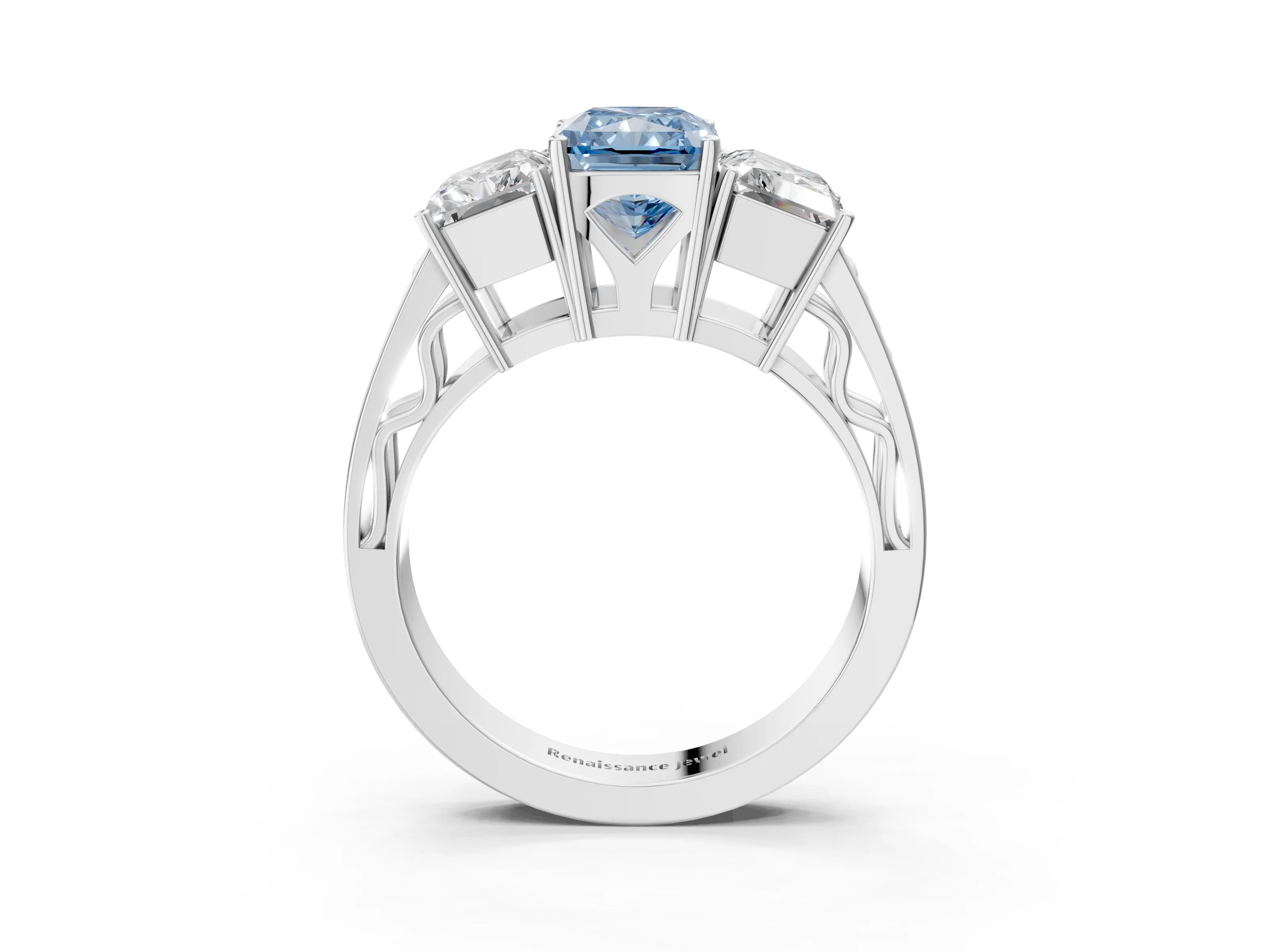 White gold Fancy Blue Radiant Cut Diamond Three-Stone Ring with Prong Setting and Textured Band_15