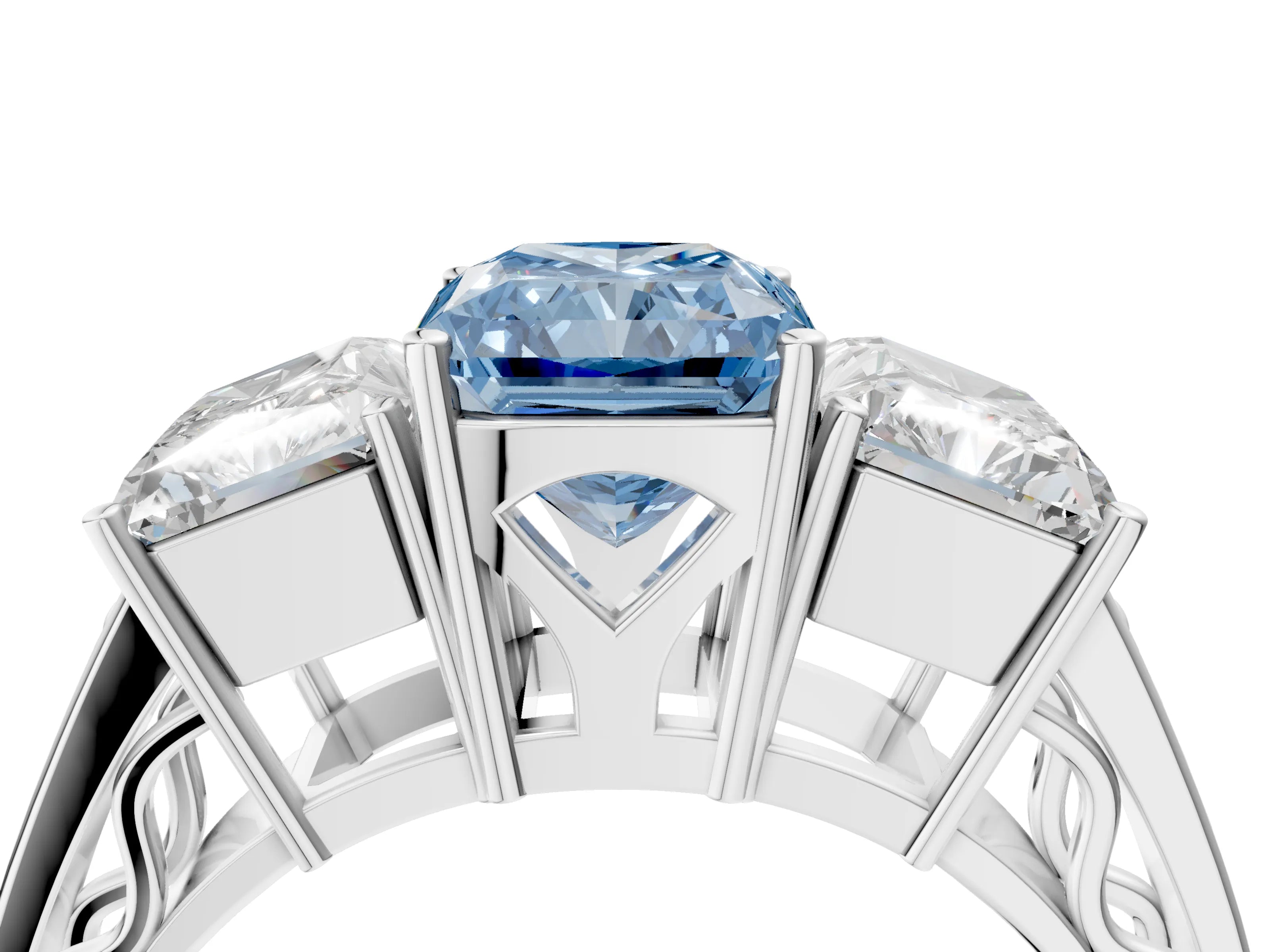 White gold Fancy Blue Radiant Cut Diamond Three-Stone Ring with Prong Setting and Textured Band_16