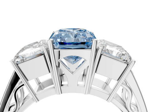 White gold Fancy Blue Radiant Cut Diamond Three-Stone Ring with Prong Setting and Textured Band_16