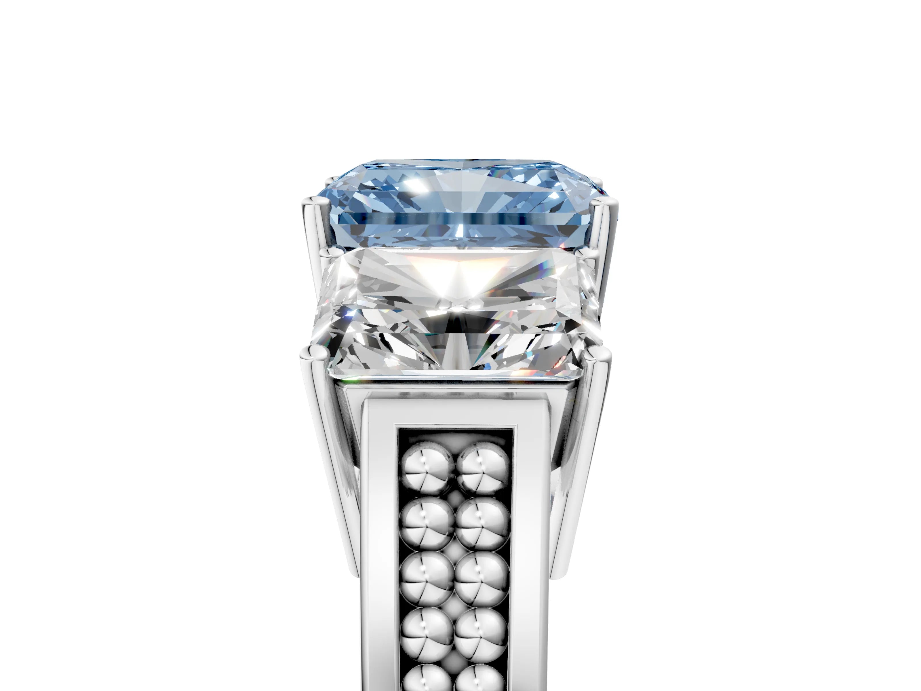 White gold Fancy Blue Radiant Cut Diamond Three-Stone Ring with Prong Setting and Textured Band_17