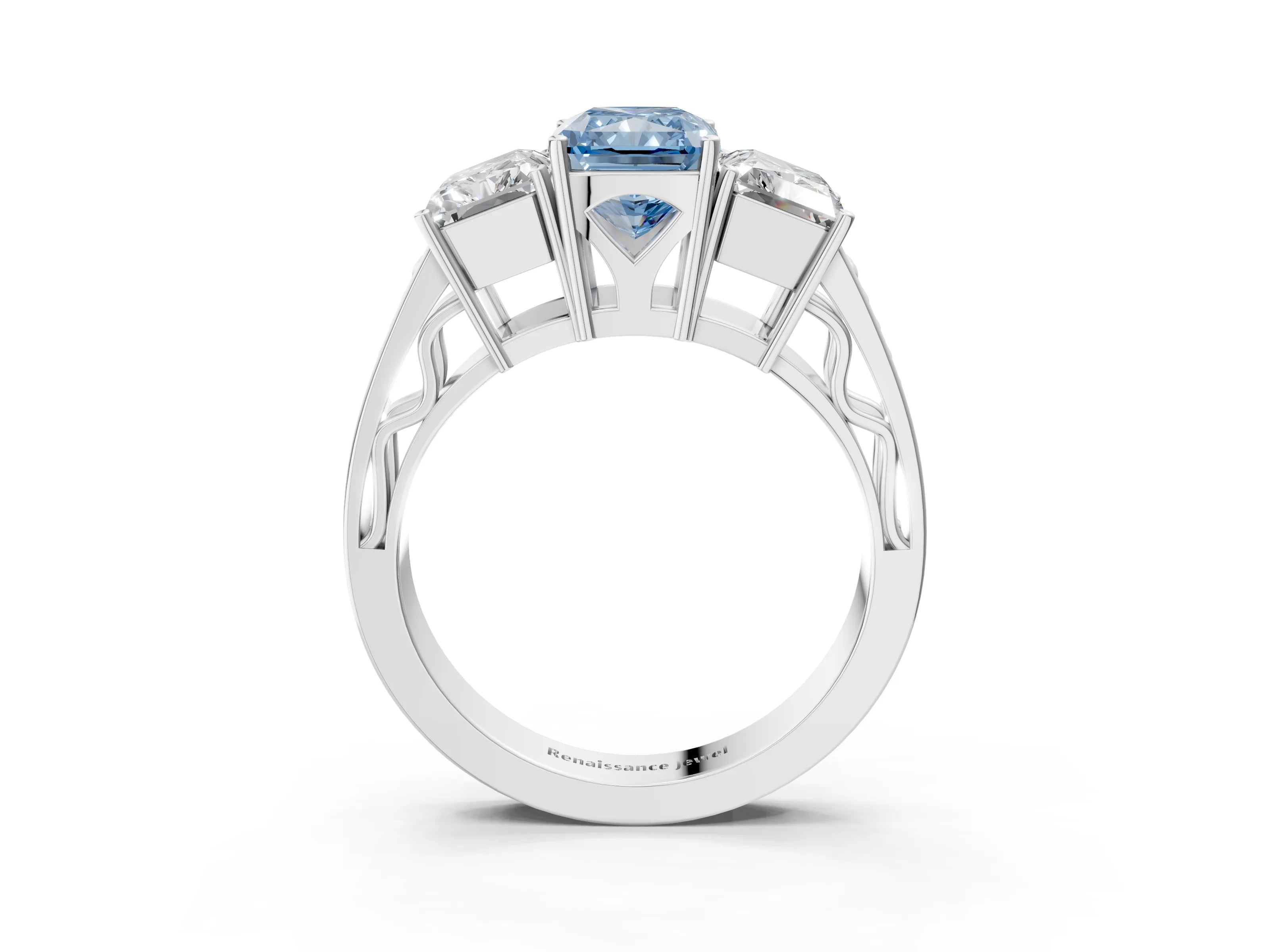 White gold Fancy Blue Radiant Cut Diamond Three-Stone Ring with Prong Setting and Textured Band_3