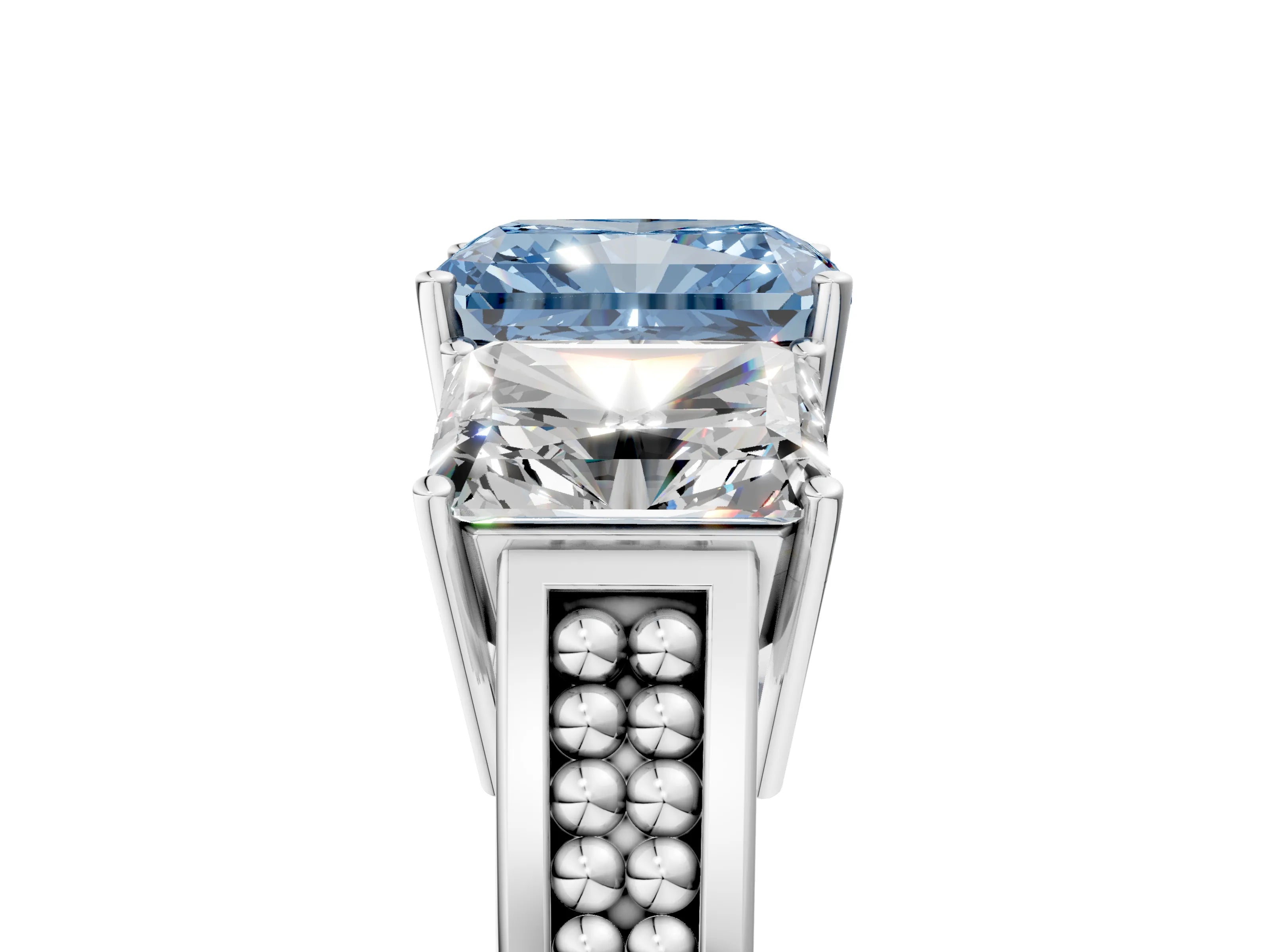White gold Fancy Blue Radiant Cut Diamond Three-Stone Ring with Prong Setting and Textured Band_5