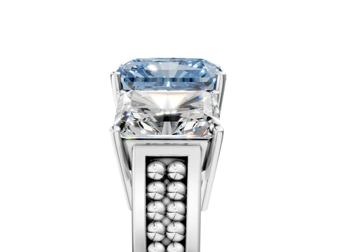 White gold Fancy Blue Radiant Cut Diamond Three-Stone Ring with Prong Setting and Textured Band_5