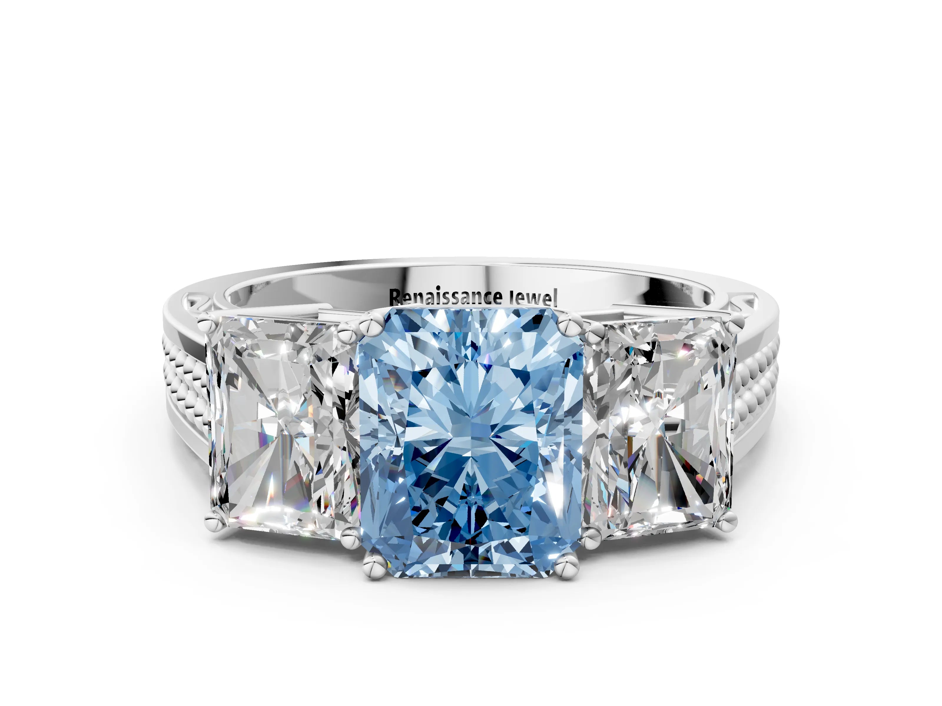 White gold Fancy Blue Radiant Cut Diamond Three-Stone Ring with Prong Setting and Textured Band