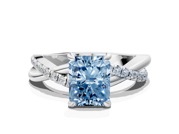 Platinum Fancy Blue Radiant  Cut Diamond Twist Band Solitaire with Prong Setting