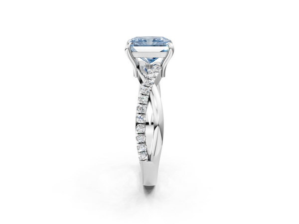 Platinum Fancy Blue Radiant  Cut Diamond Twist Band Solitaire with Prong Setting