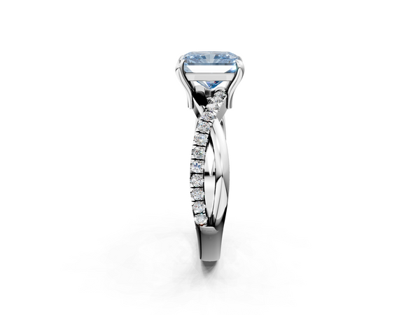 Platinum Fancy Blue Radiant  Cut Diamond Twist Band Solitaire with Prong Setting