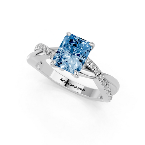 White gold Fancy Blue Radiant  Cut Diamond Twist Band Solitaire with Prong Setting_3